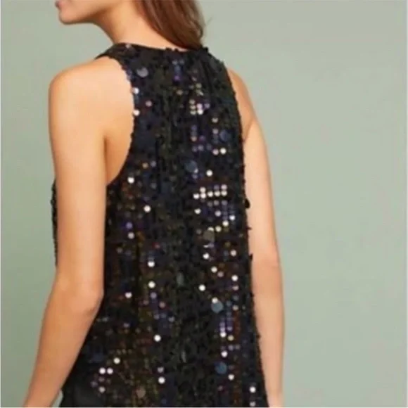 Anthropologie Moulinette Soeurs Black Sequin Shimmer Sleeveless V-Neck Top Sz 6 - Picture 2 of 10